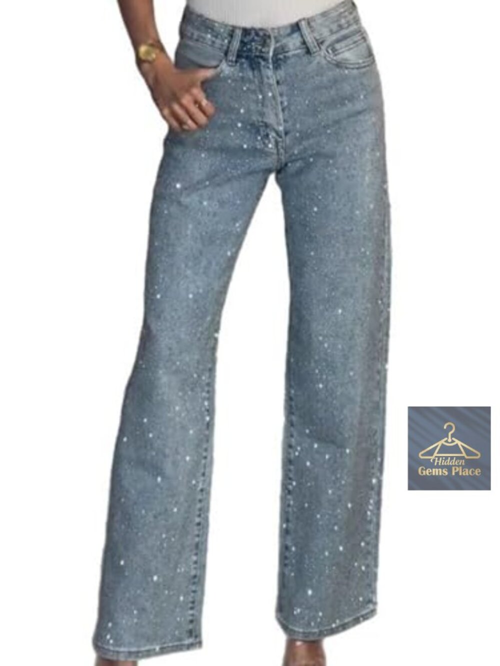 Baggy Rhinestone Wide Leg Jeans High Waisted Sparkly Denim Pants